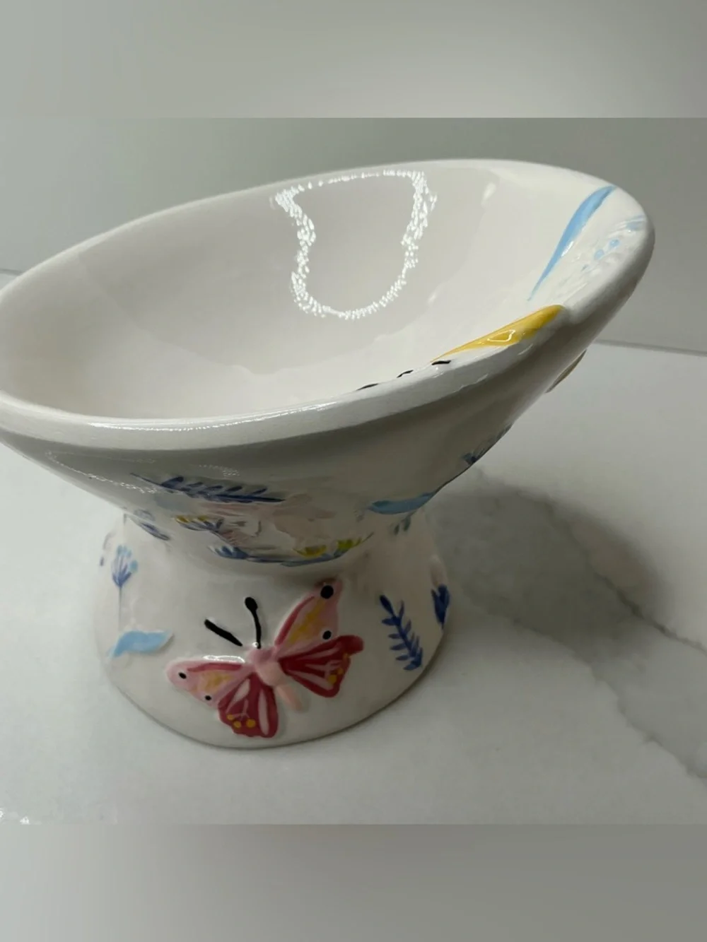 Mellow & Mod Pet Bowl Elevated and Tilted Small Ceramic FLORAL Dish New